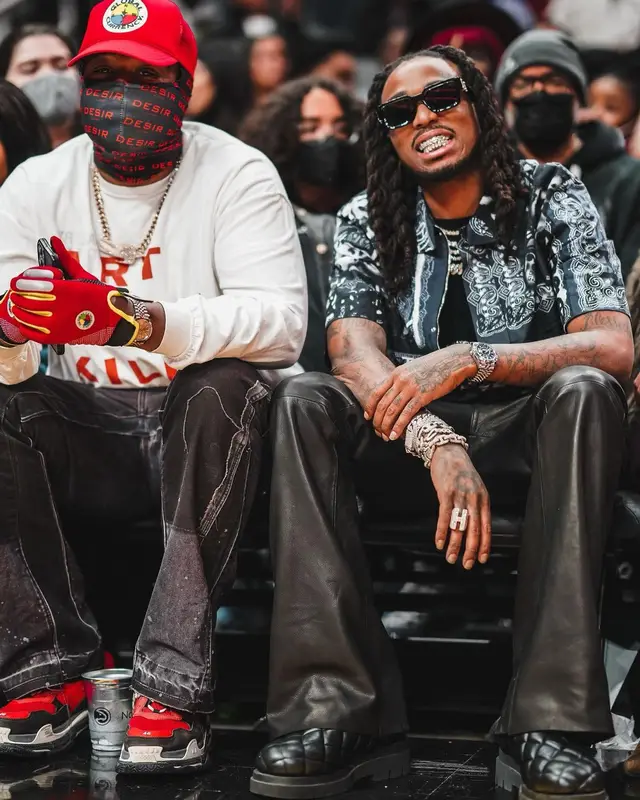 Quavo outfit in Givenchy, Bottega Veneta, and Louis Vuitton, 2022