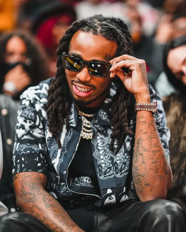 Quavo outfit in Givenchy, Bottega Veneta, and Louis Vuitton, 2022