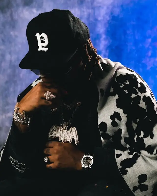 Gunna outfit in Purple Brand, 2022