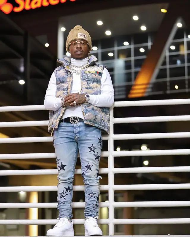 Jacquees outfit in Amiri, Gucci, and The North Face, 2022