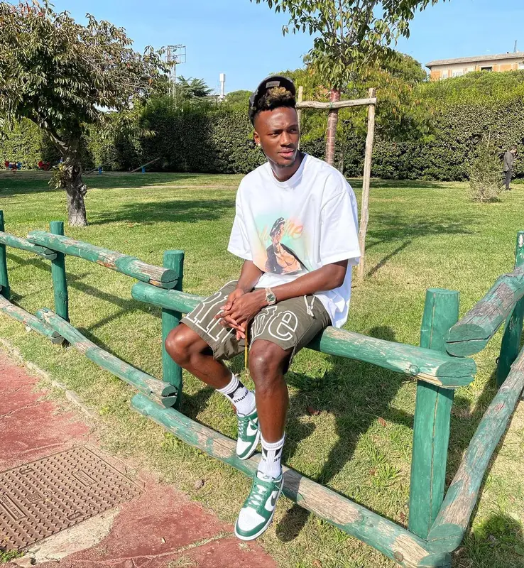 Tammy Abraham outfit in Martine Rose, Rhude, and Nike, 2021