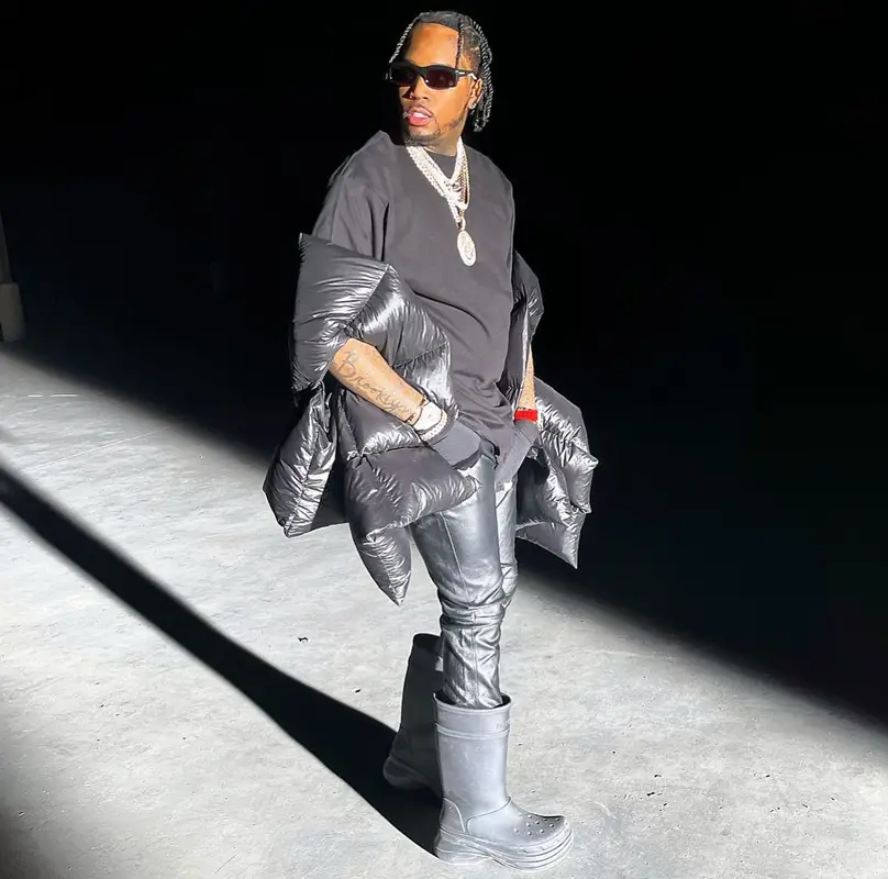 Fivio Foreign outfit in Saint Laurent, Crocs, and Balenciaga, 2022