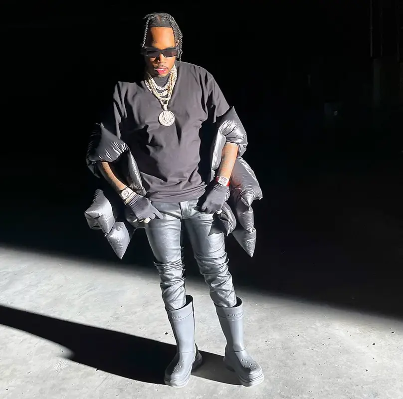 Fivio Foreign outfit in Saint Laurent, Crocs, and Balenciaga, 2022