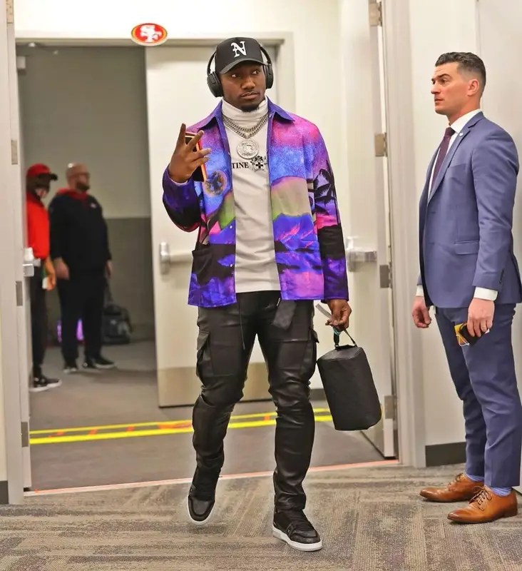 Deebo Samuel outfit in Valentino, Martine Rose, and Rta, 2022