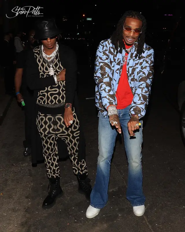 Quavo outfit in Louis Vuitton and Kapital, 2022