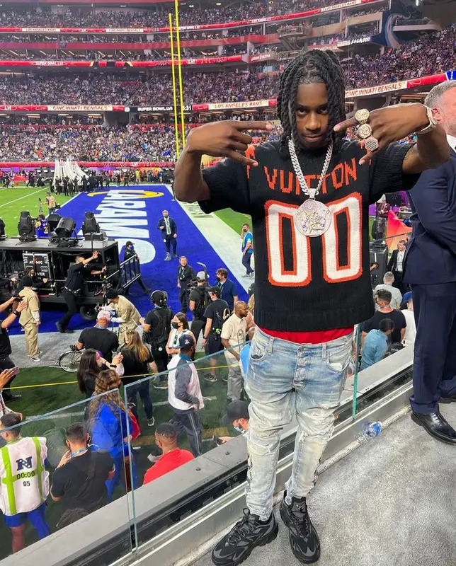 Polo G outfit in Louis Vuitton and Amiri, 2022