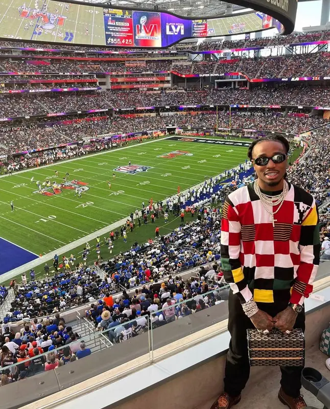 Quavo outfit in Louis Vuitton and Goyard, 2022