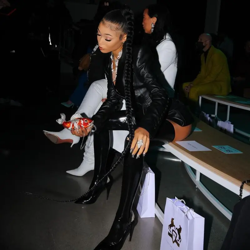 Coi Leray outfit in Giuseppe Zanotti, Judith Leiber Couture, and Vex Clothing, 2022