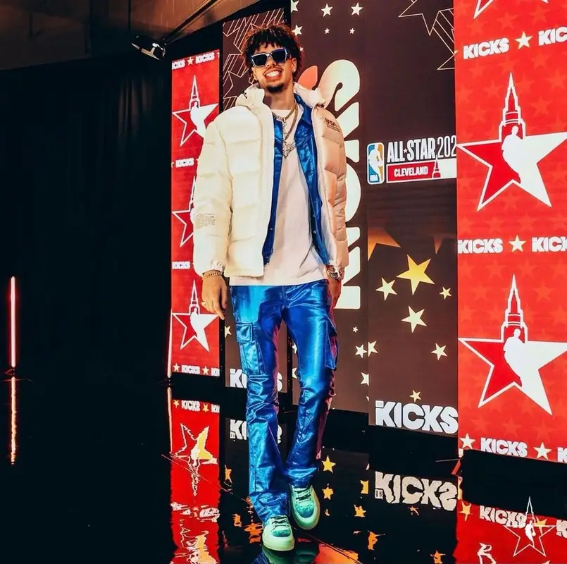 LaMelo Ball outfit in Heron Preston, Louis Vuitton, and Valabasas, 2022