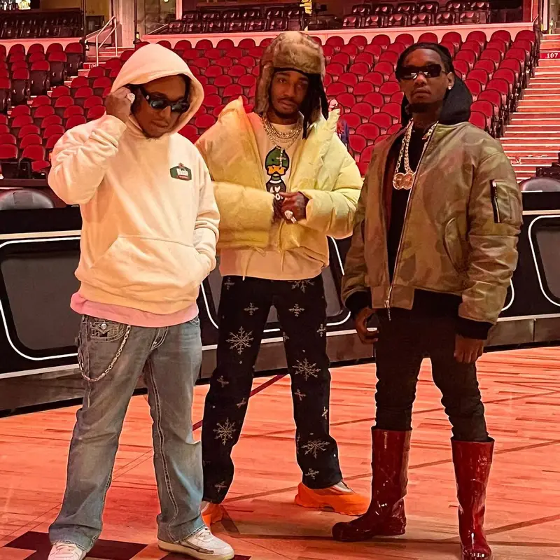 Quavo outfit in Louis Vuitton, Kapital, and Adidas, 2022