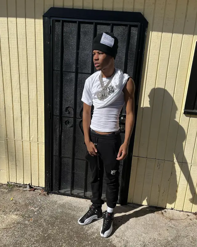 Nardo Wick outfit in Amiri, Jordan, and Palm Angels, 2022