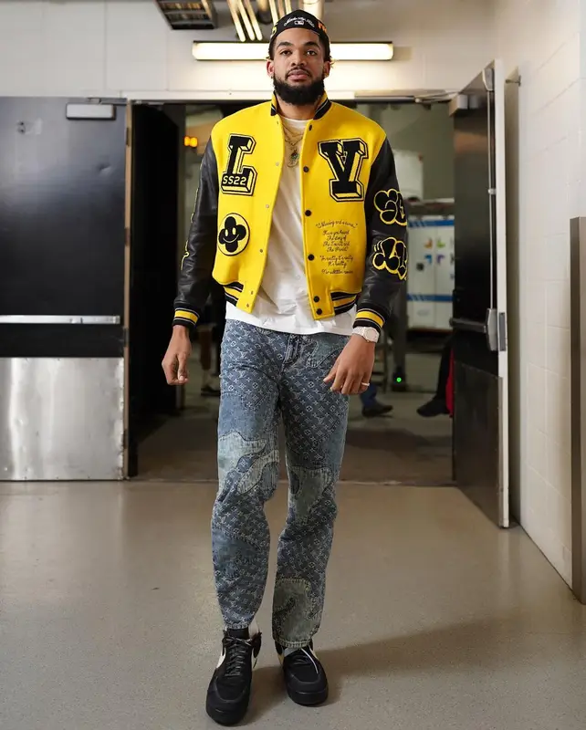 Karl Anthony Towns outfit in Louis Vuitton, Nigo, and Off-White, 2022