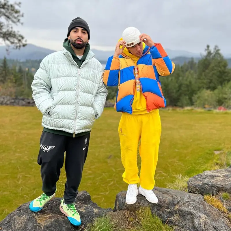 Justin Bieber outfit in ERL, Pangaia, and Drew House, 2022