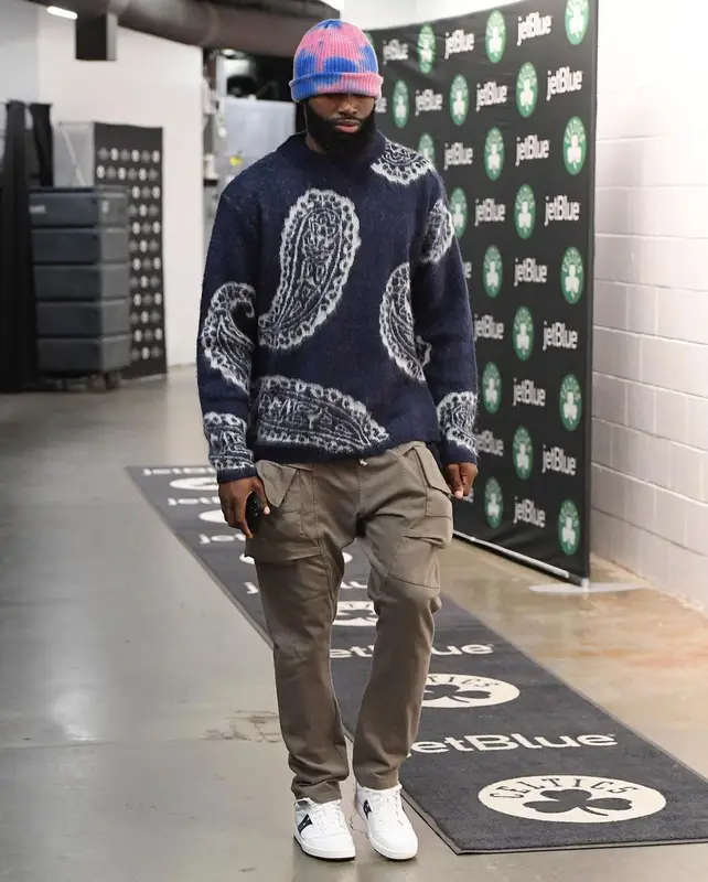 Jaylen Brown outfit in 424, Rick Owens, and The Elder Statesman, 2022