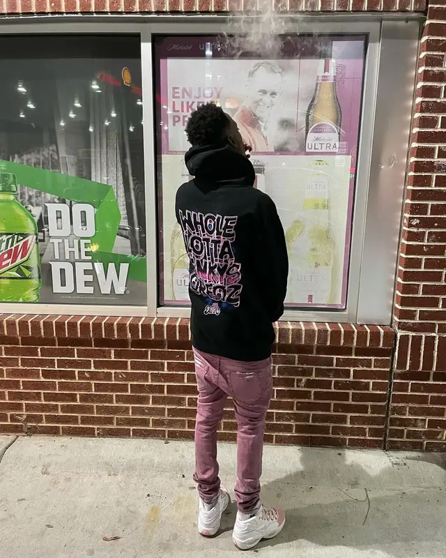 Snupe Bandz outfit in LA Dank Co, Purple Brand, and Reebok, 2021