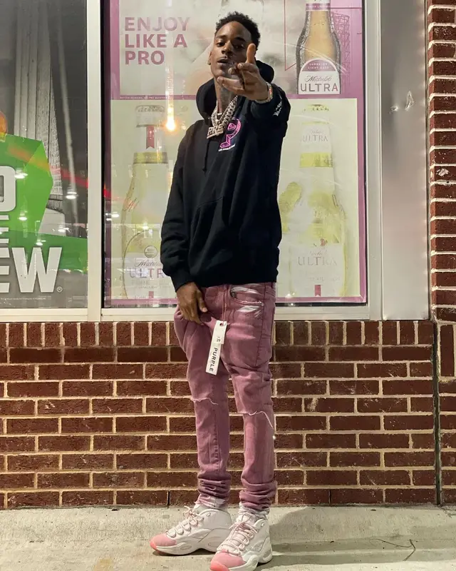 Snupe Bandz outfit in LA Dank Co, Purple Brand, and Reebok, 2021