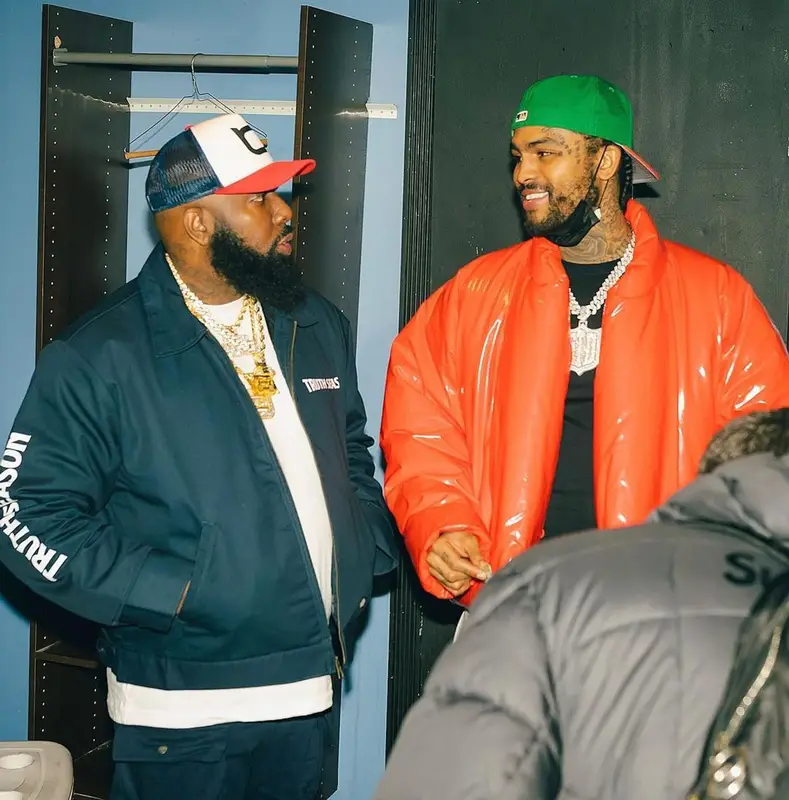 Dave East outfit in Yeezy, Fear of God, and GAP, 2022