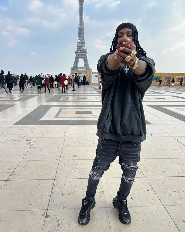 Polo G outfit in Balenciaga and Amiri, 2022