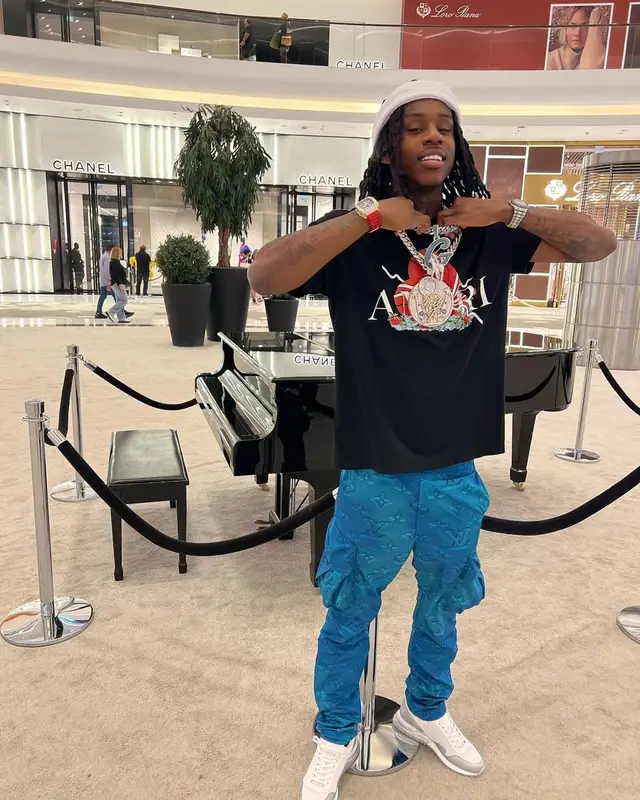 Polo G outfit in Amiri and Louis Vuitton, 2022
