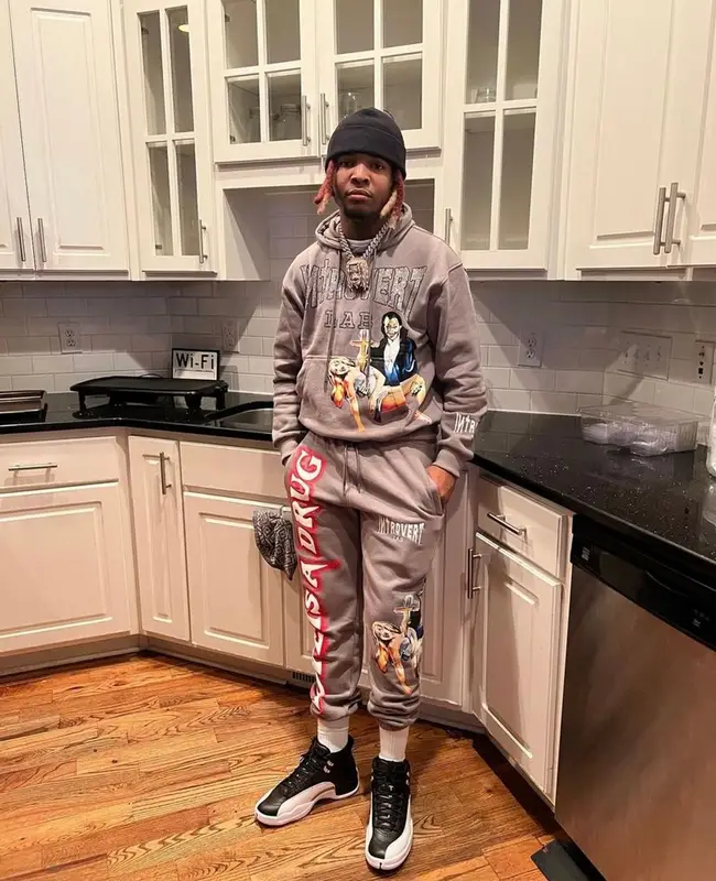 Lil Keed outfit in Introvert Lab and Jordan, 2022
