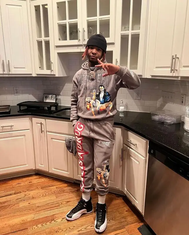 Lil Keed outfit in Introvert Lab and Jordan, 2022