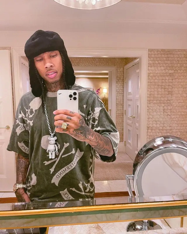 Tyga outfit in Rick Owens, Louis Vuitton, and Mastermind, 2022