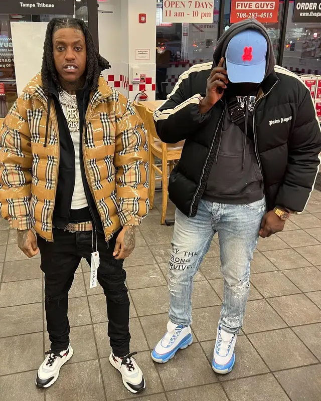 Rico Recklezz outfit in Burberry, Purple Brand, and Prada, 2022