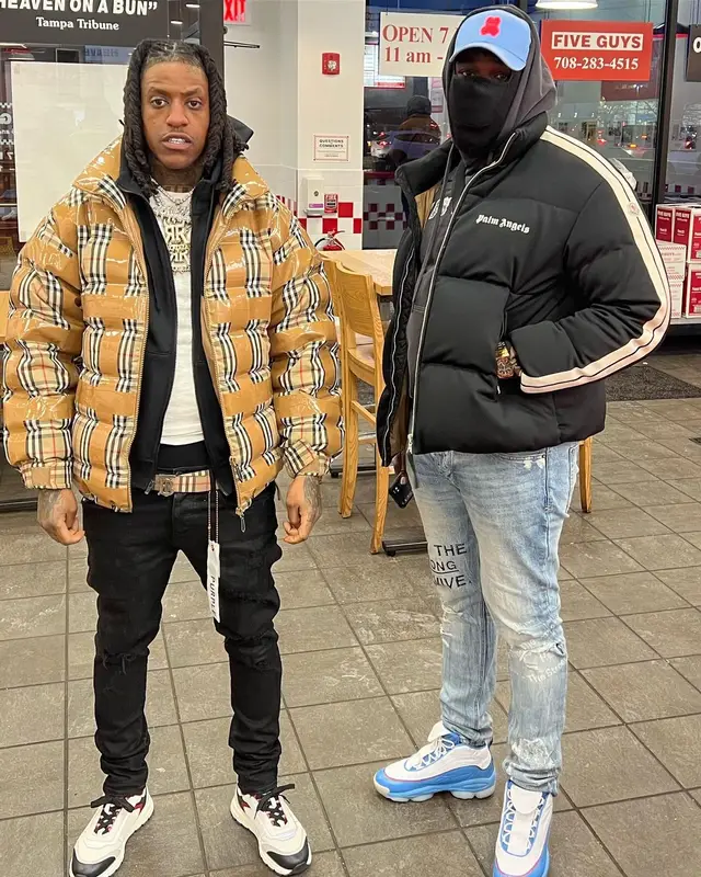 Rico Recklezz outfit in Burberry, Purple Brand, and Prada, 2022