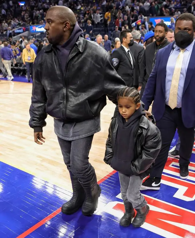 Kanye West outfit in Balenciaga, Levi’s, and Bilt, 2022