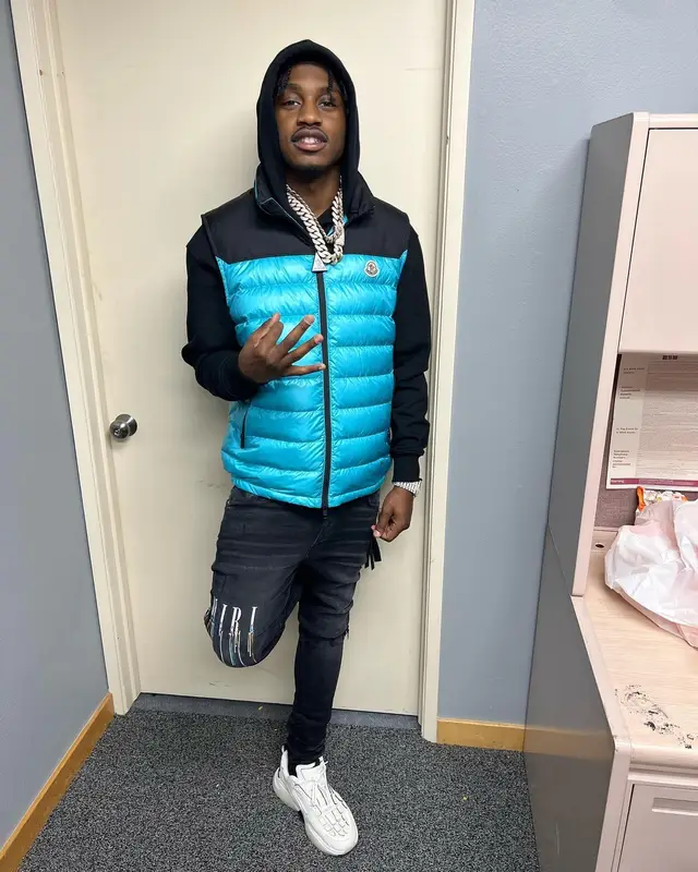 Lil Tjay outfit in Moncler and Amiri, 2022