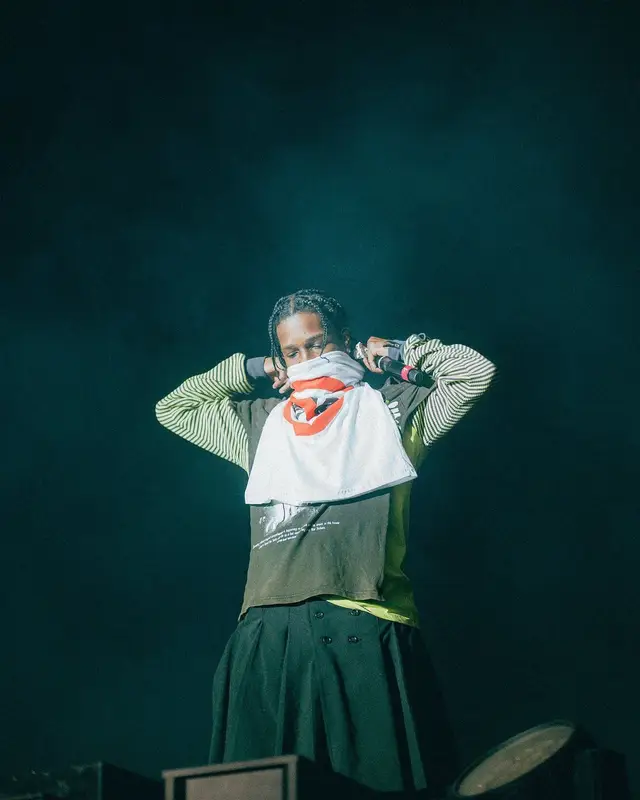 ASAP Rocky outfit in Martine Rose, MoniGotchi, and Comme Des Garcons, 2022