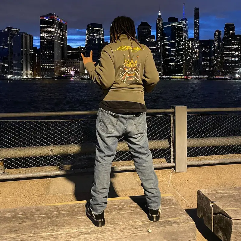 Maajins outfit in Ed Hardy, Levi’s, and Rick Owens, 2022