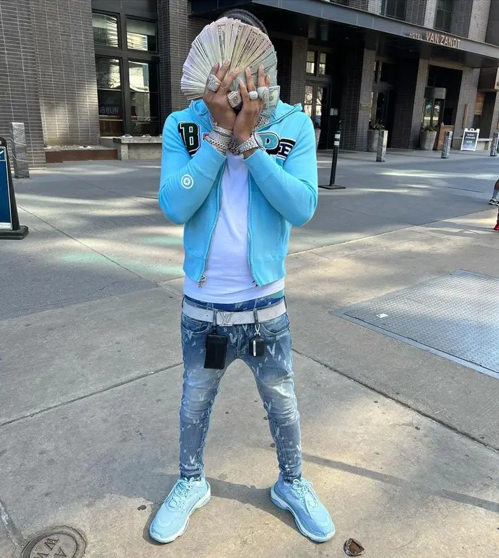 Lil Migo outfit in Bape, Valabasas, and Louis Vuitton, 2022