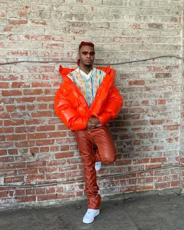 Lil Keed outfit in Entire Studios, Purple Diary, and Nike, 2022