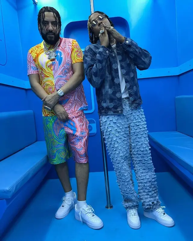 French Montana outfit in Versace and Nike, 2022