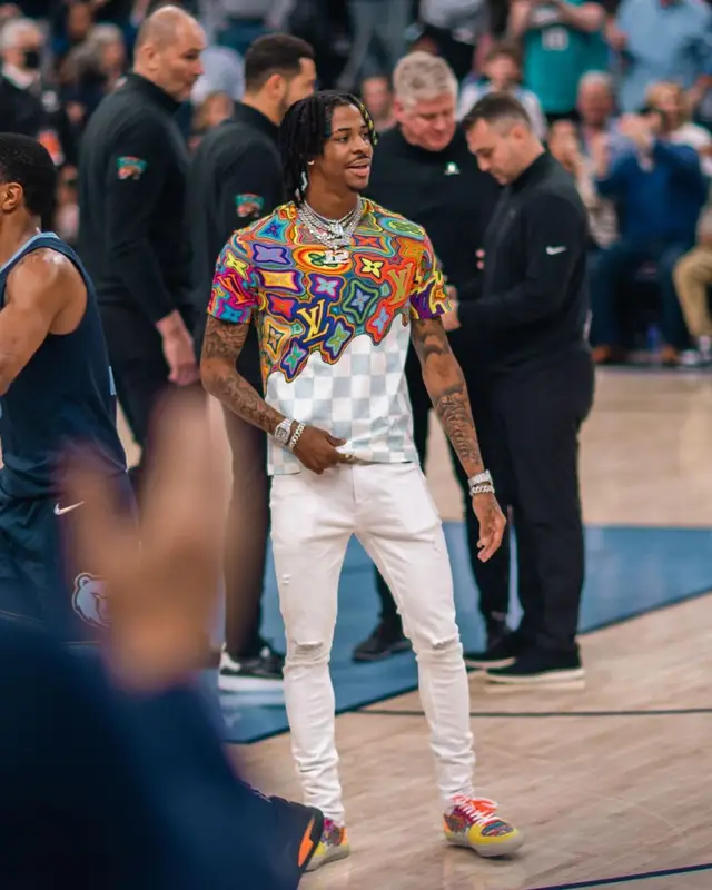 Ja Morant outfit in Louis Vuitton and Serenede, 2022