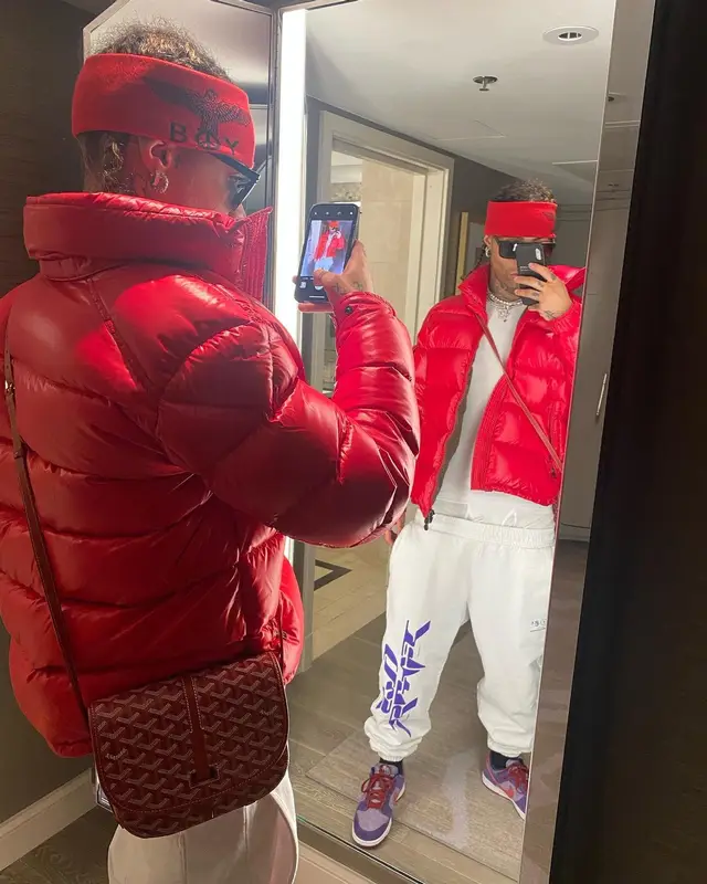 Ronny J outfit in Moncler, Club Fantasy, and Goyard, 2020