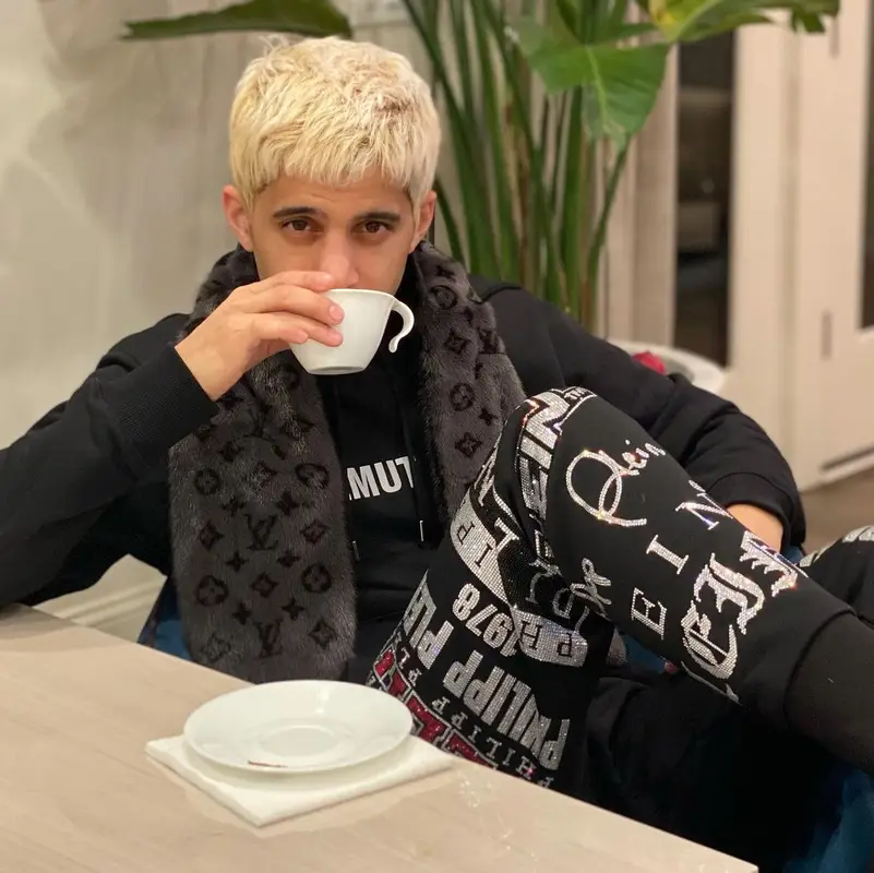 Zahir outfit in Helmut Lang, Philipp Plein, and Louis Vuitton, 2021