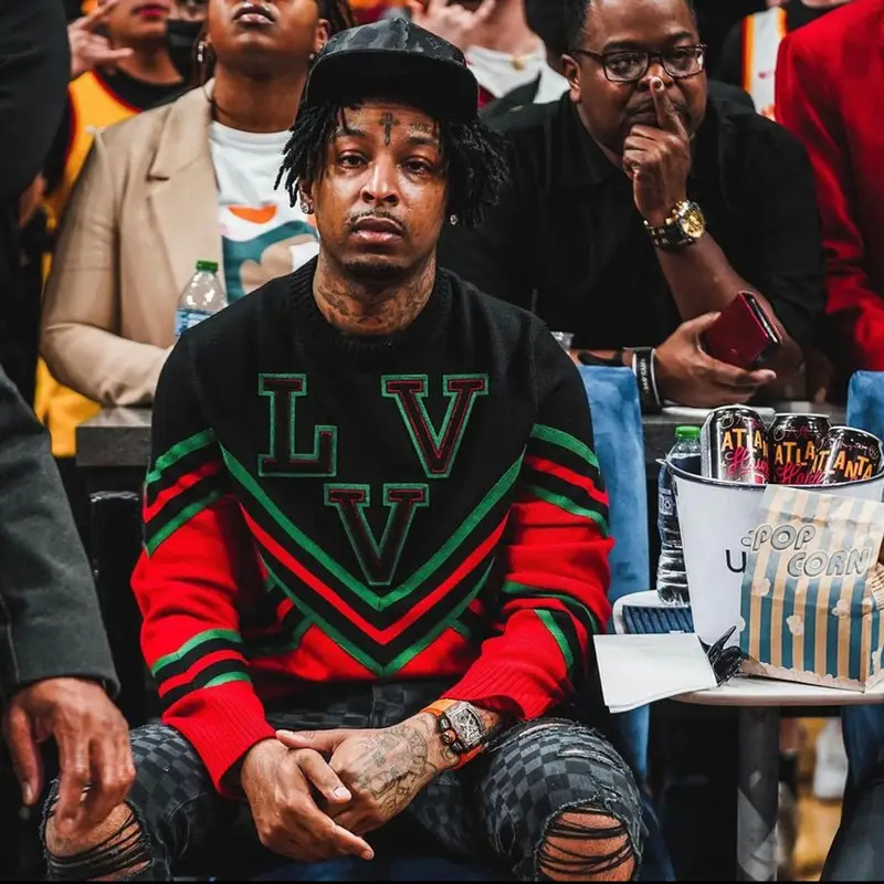 21 Savage outfit in Amiri, Richard Mille, and Louis Vuitton, 2022