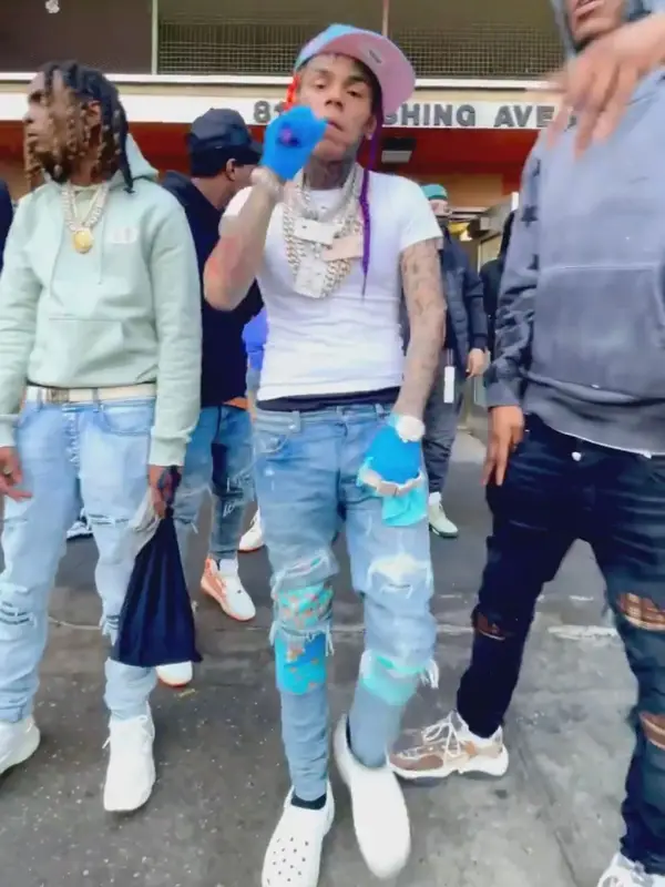 6ix9ine outfit in Polo Ralph Lauren, Amiri, and Crocs, 2022