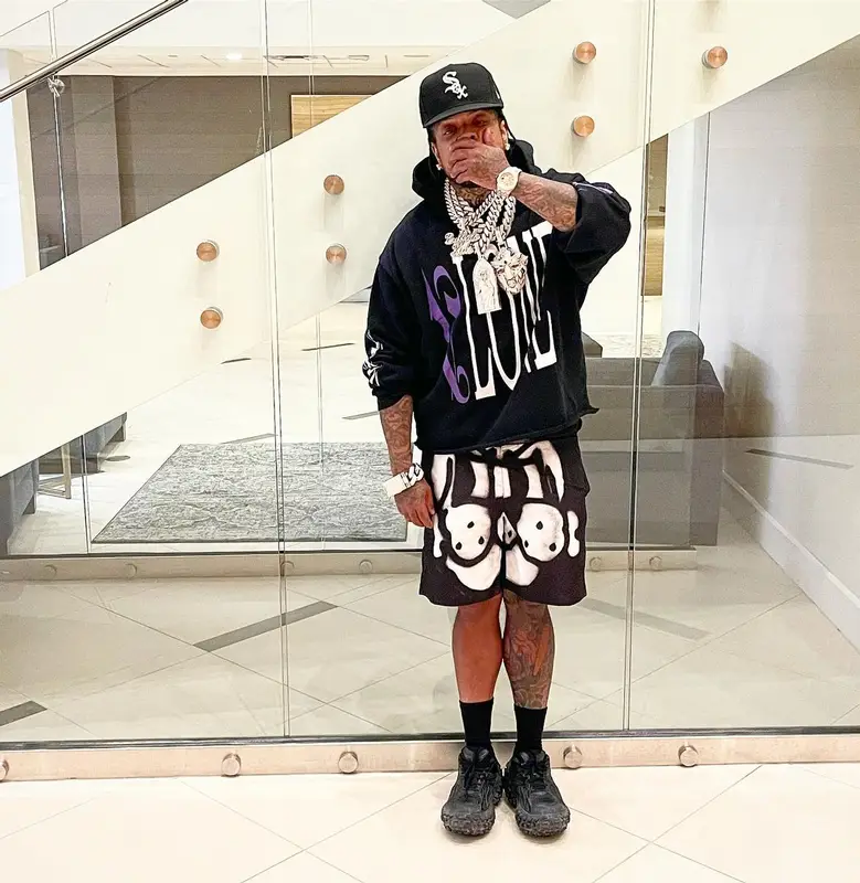 Westside Gunn outfit in Vlone, New Era, and Palm Angels, 2022
