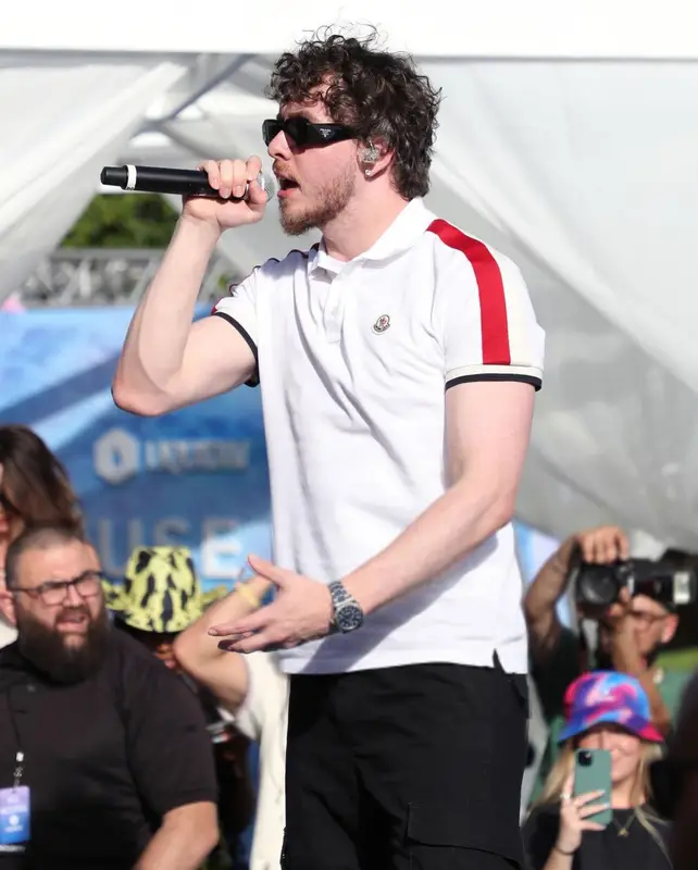 Jack Harlow outfit in Moncler, New Balance, and Prada, 2022
