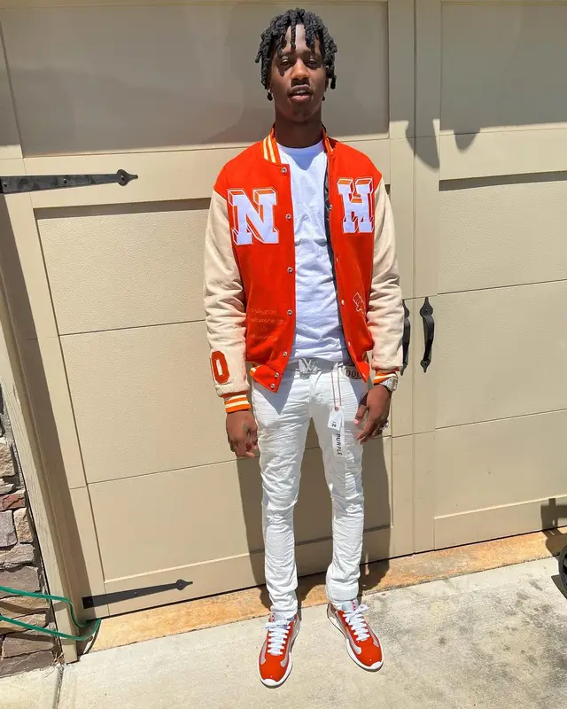 Yung Mal outfit in Purple Brand, Prada, and Louis Vuitton, 2022