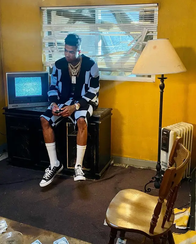 Blueface outfit in Keiser Clark, Converse, and Odd Sox, 2022