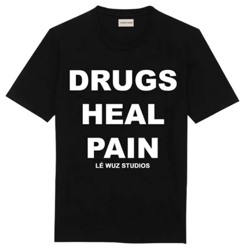 Le Wuz Studios Drugs Heal Pain Jet Black T-Shirt $80