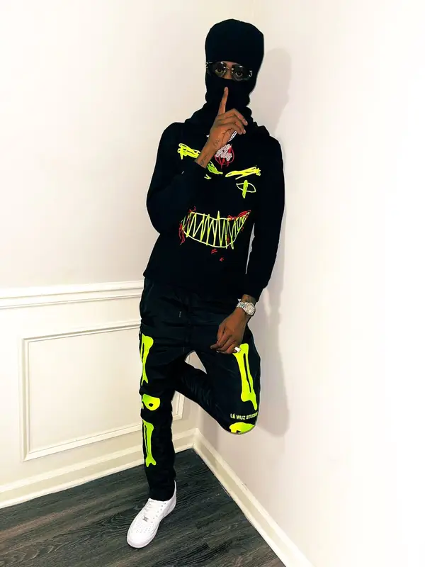 Yung Mal outfit in Le Wuz Studios and Evil Hearts Club, 2021