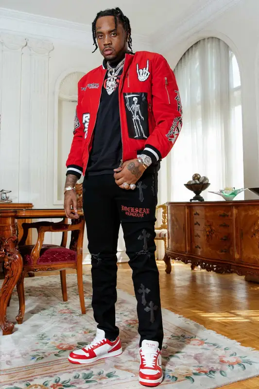 Fivio Foreign outfit in Fivio Foreign Merch, Prada, and Rockstar Original, 2022
