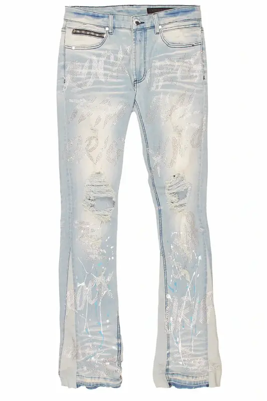 Fivio Foreign Merch Cato Graphic Stacked Blue Flare Jeans $130