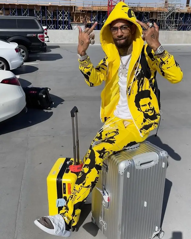 PnB Rock outfit in Cough Syrup, Louis Vuitton, and Asaali, 2022