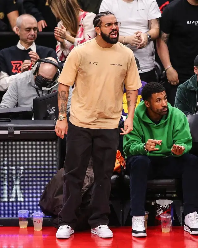 Drake outfit in Off-White, Jordan, and Cartier, 2022